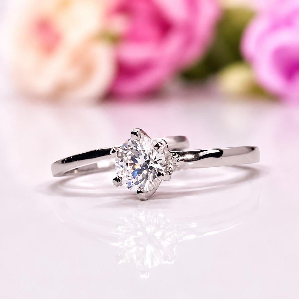 Moissanite Diamond Bridal Ring Set: 1.5 Carat Round Sterling Silver Rings