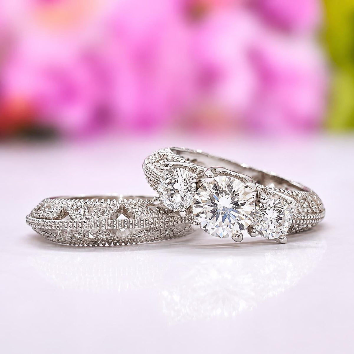 Moissanite Engagement Ring Set: Sterling Silver Three Stone Wedding Rings