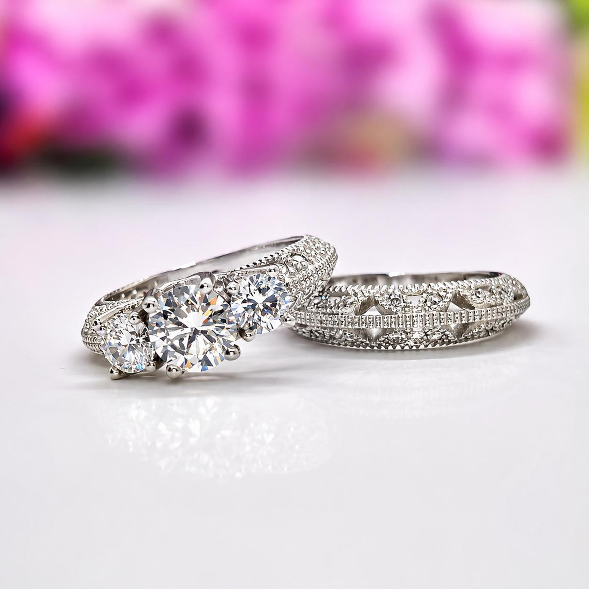 Moissanite Engagement Ring Set: Sterling Silver Three Stone Wedding Rings