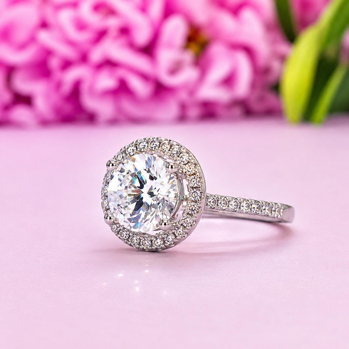 Halo Round Cut 1.5 CT  Moissanite Diamond Engagement Ring Silver Rings