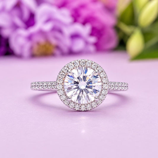 Halo Round Cut 1.5 CT  Moissanite Diamond Engagement Ring Silver Rings