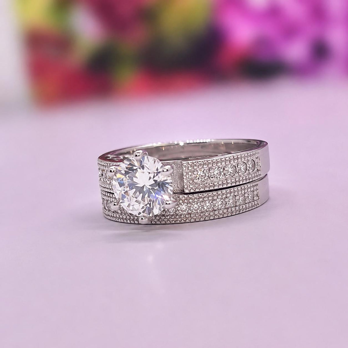 Vintage Style Moissanite Diamond Wedding Ring Set: Sterling Silver Bridal Jewelry
