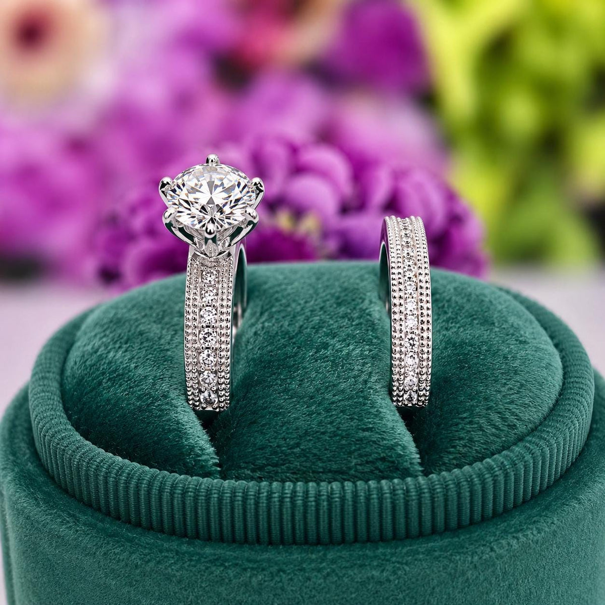 Vintage Style Moissanite Diamond Wedding Ring Set: Sterling Silver Bridal Jewelry
