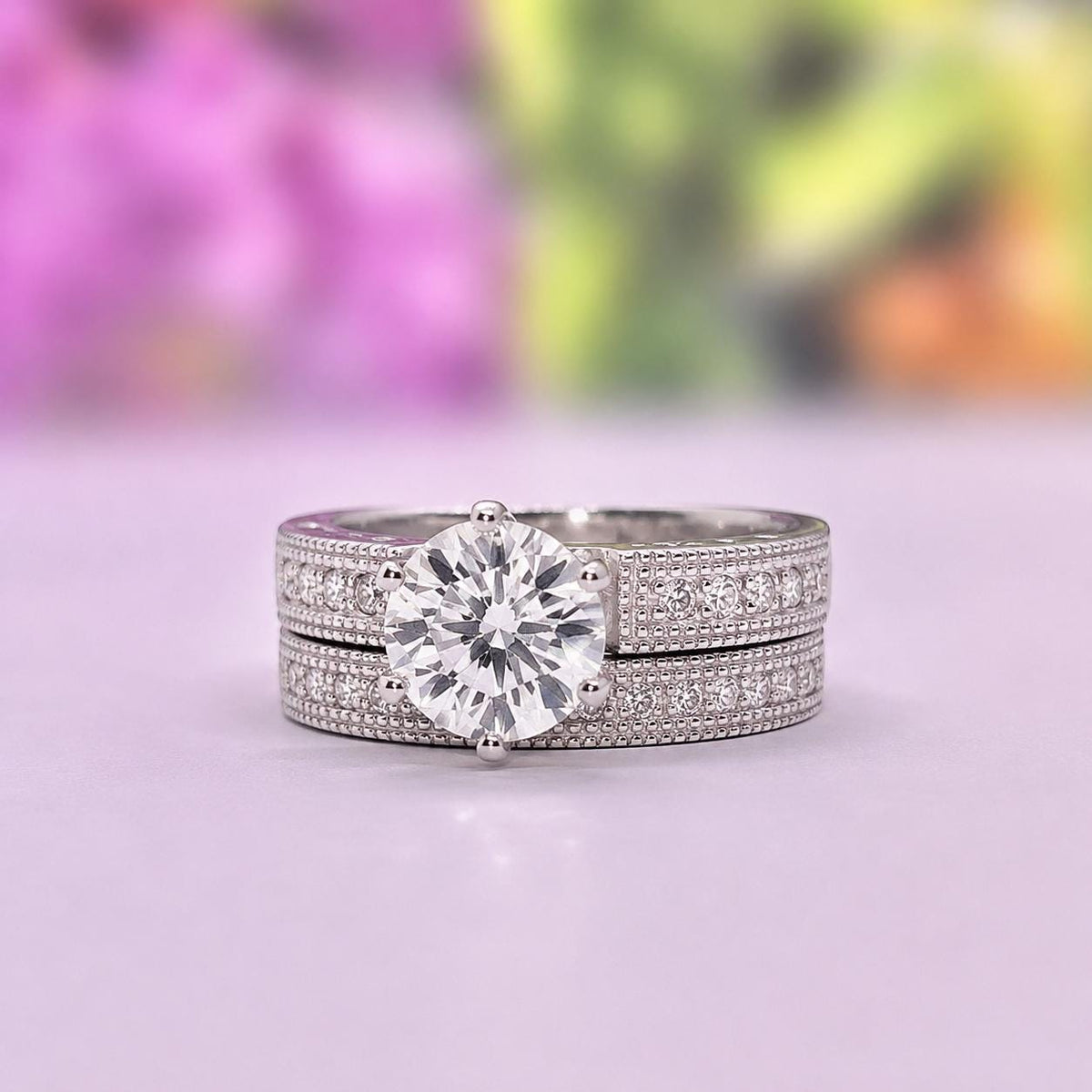 Vintage Style Moissanite Diamond Wedding Ring Set: Sterling Silver Bridal Jewelry