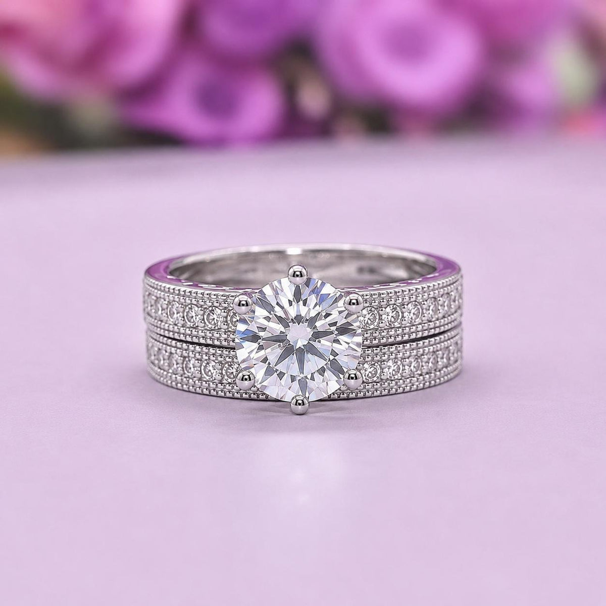 Vintage Style Moissanite Diamond Wedding Ring Set: Sterling Silver Bridal Jewelry