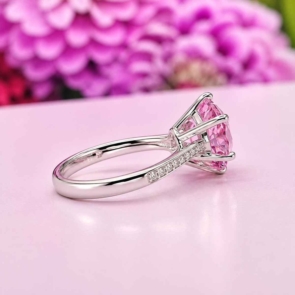 Round 3 CT Pink Moissanite Diamond Ring : 925 Sterling Silver