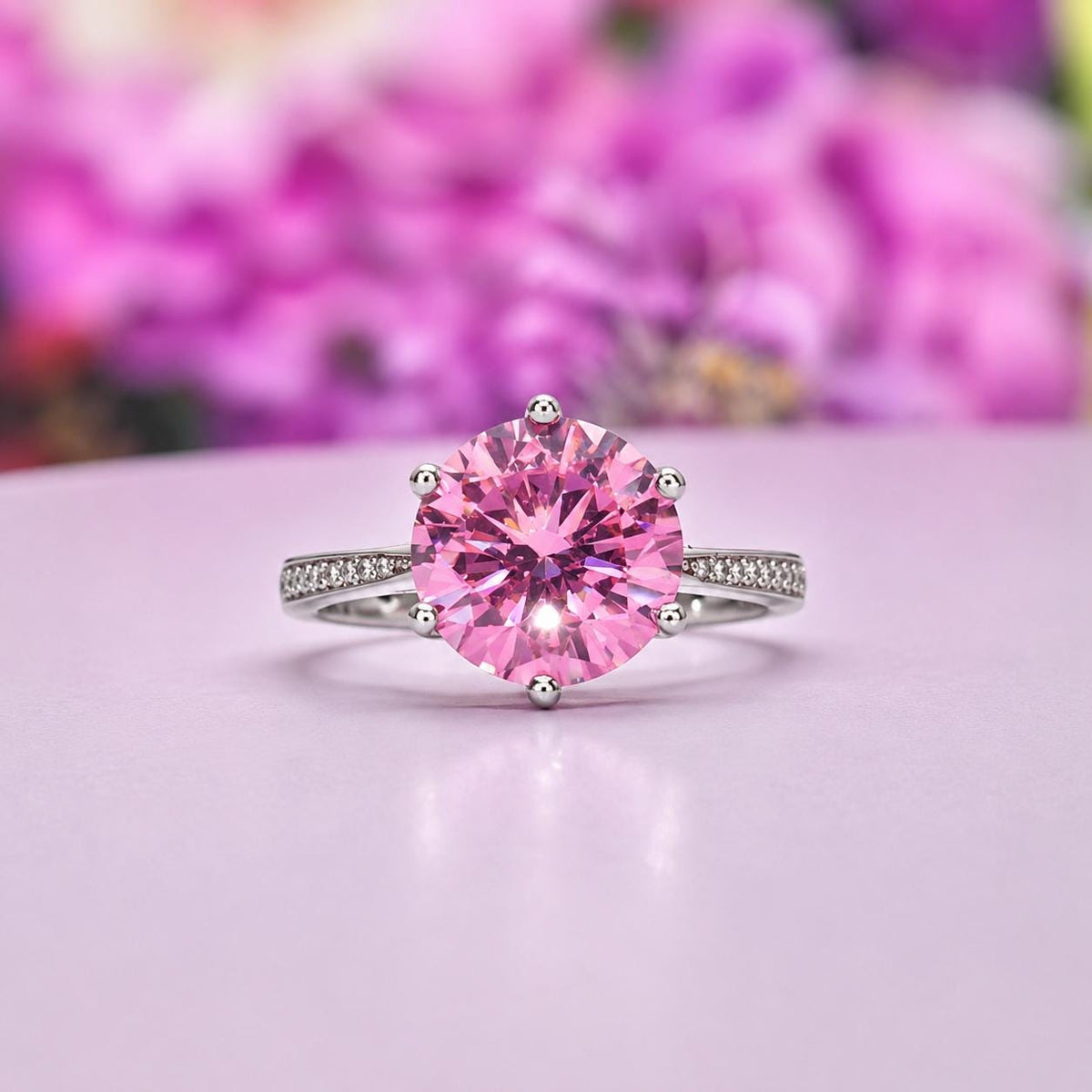 Round 3 CT Pink Moissanite Diamond Ring : 925 Sterling Silver