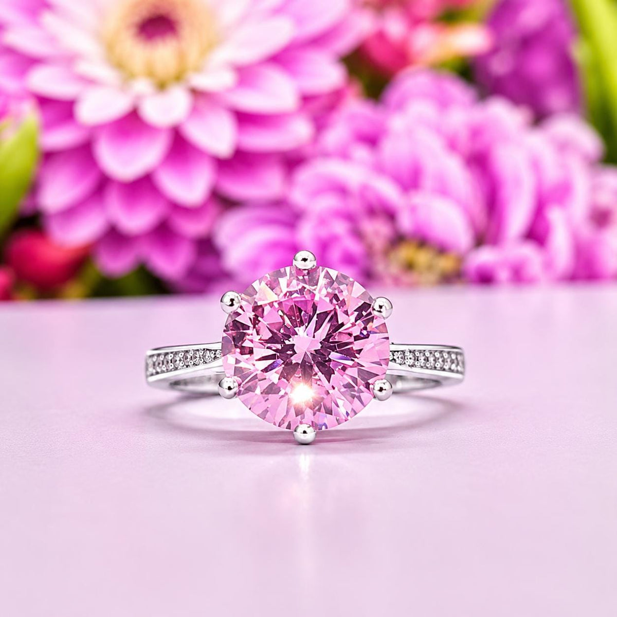 Round 3 CT Pink Moissanite Diamond Ring : 925 Sterling Silver