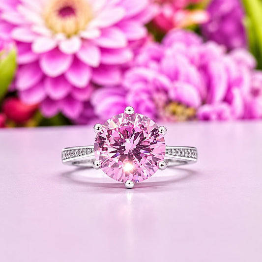 Round 3 CT Pink Moissanite Diamond Ring : 925 Sterling Silver