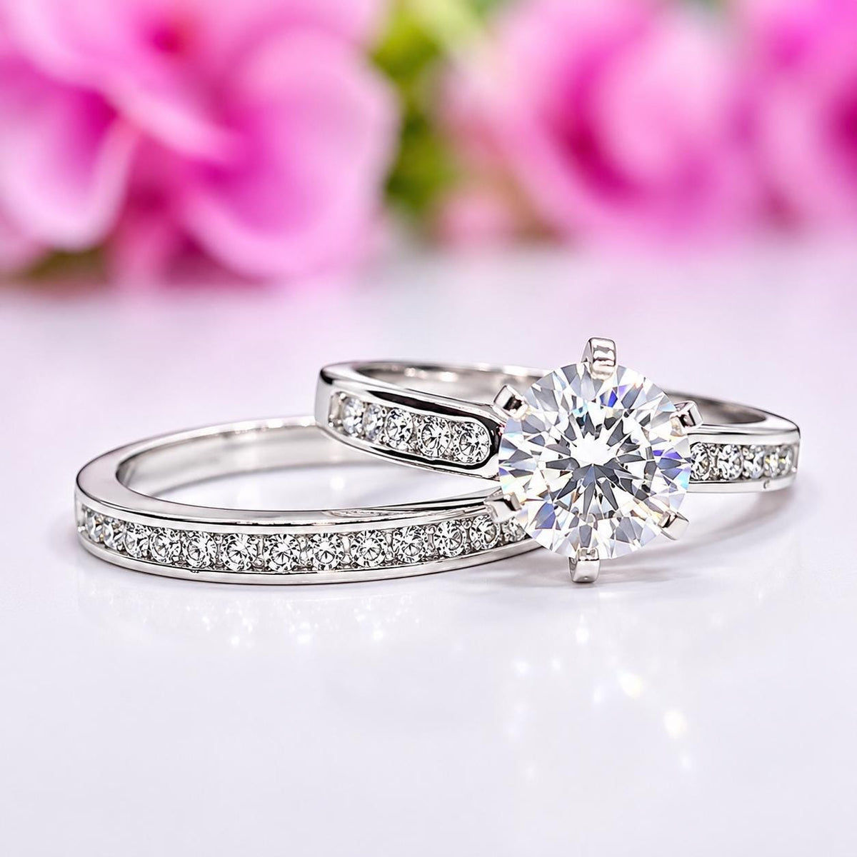 Moissanite Diamond Bridal Ring Set: Round Cut Sterling Silver Wedding Engagement Ring