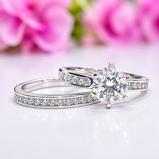 Moissanite Diamond Bridal Ring Set: Round Cut Sterling Silver Wedding Engagement Ring