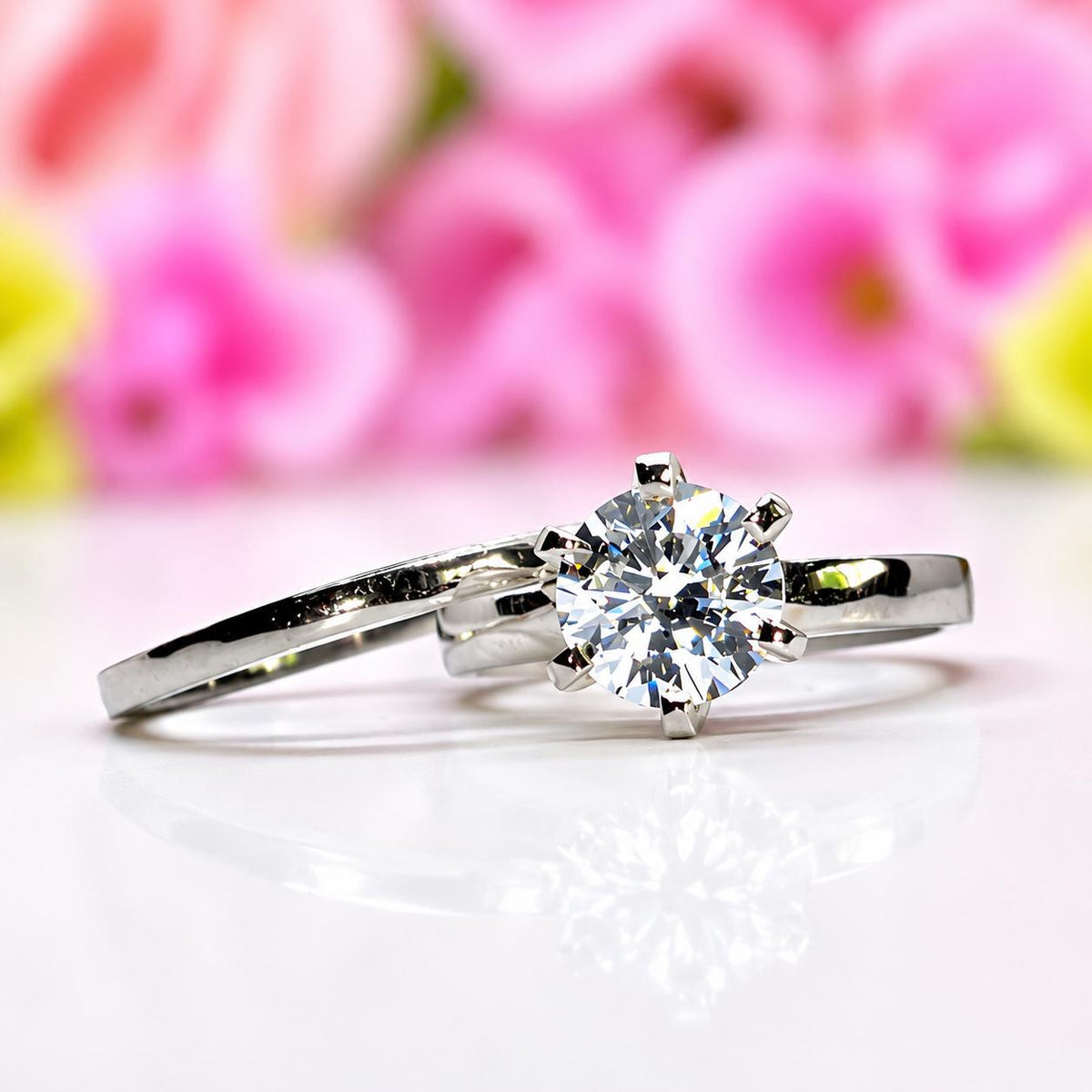 Moissanite Diamond Bridal Ring Set: 1.5 Carat Round Sterling Silver Rings