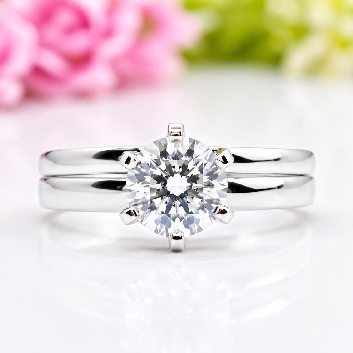 Moissanite Diamond Bridal Ring Set: 1.5 Carat Round Sterling Silver Rings