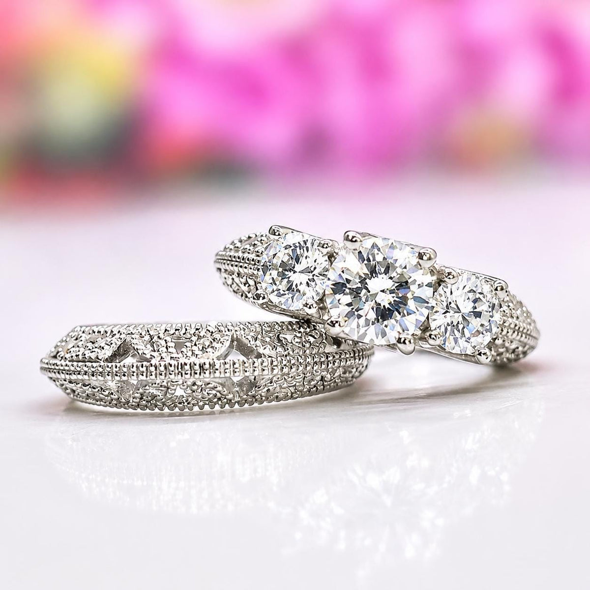 Moissanite Engagement Ring Set: Sterling Silver Three Stone Wedding Rings