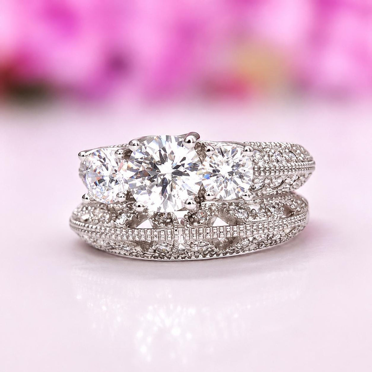 Moissanite Engagement Ring Set: Sterling Silver Three Stone Wedding Rings