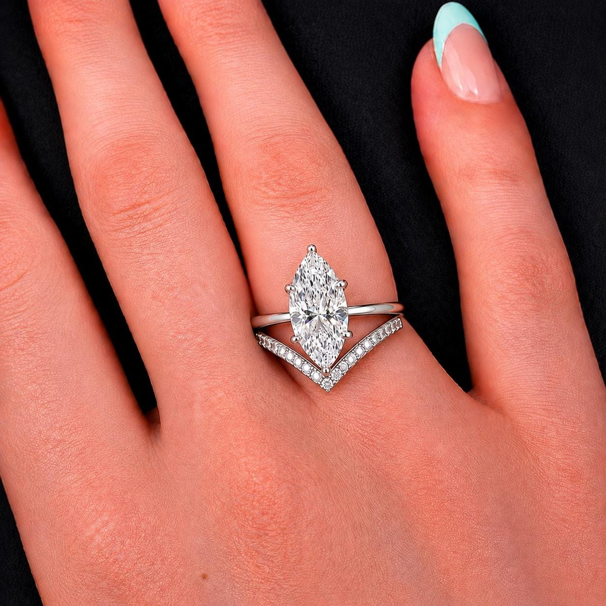 Marquise 1.5 Ct Moissanite Engagement Ring Set: 925 Sterling Silver