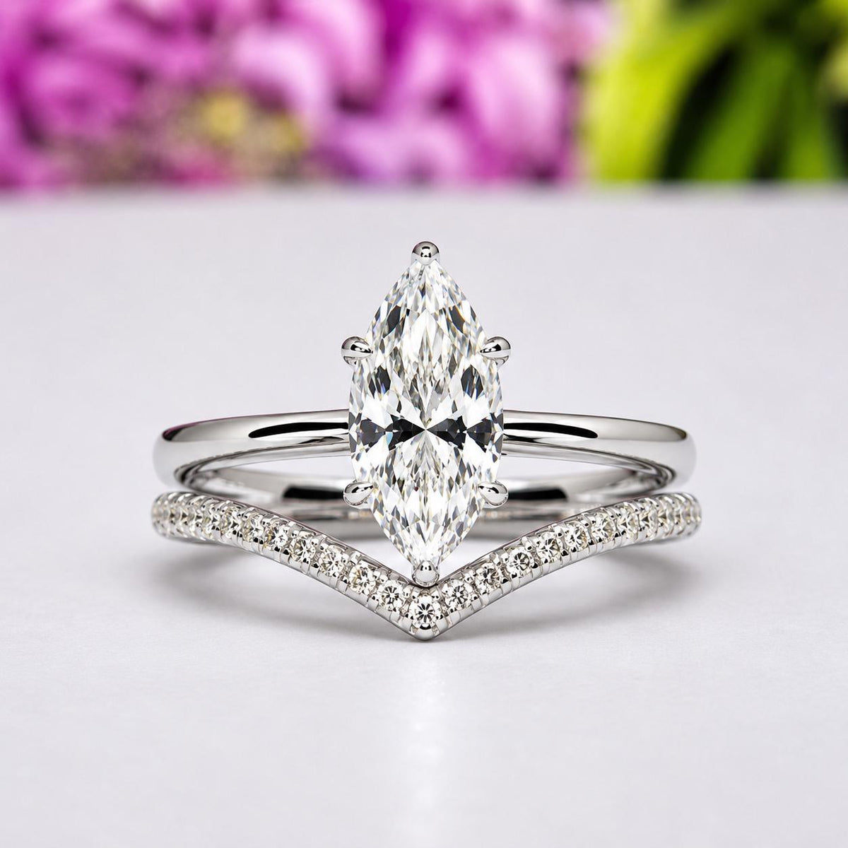 Marquise 1.5 Ct Moissanite Engagement Ring Set: 925 Sterling Silver