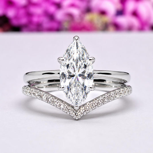 Marquise 1.5 Ct Moissanite Engagement Ring Set: 925 Sterling Silver