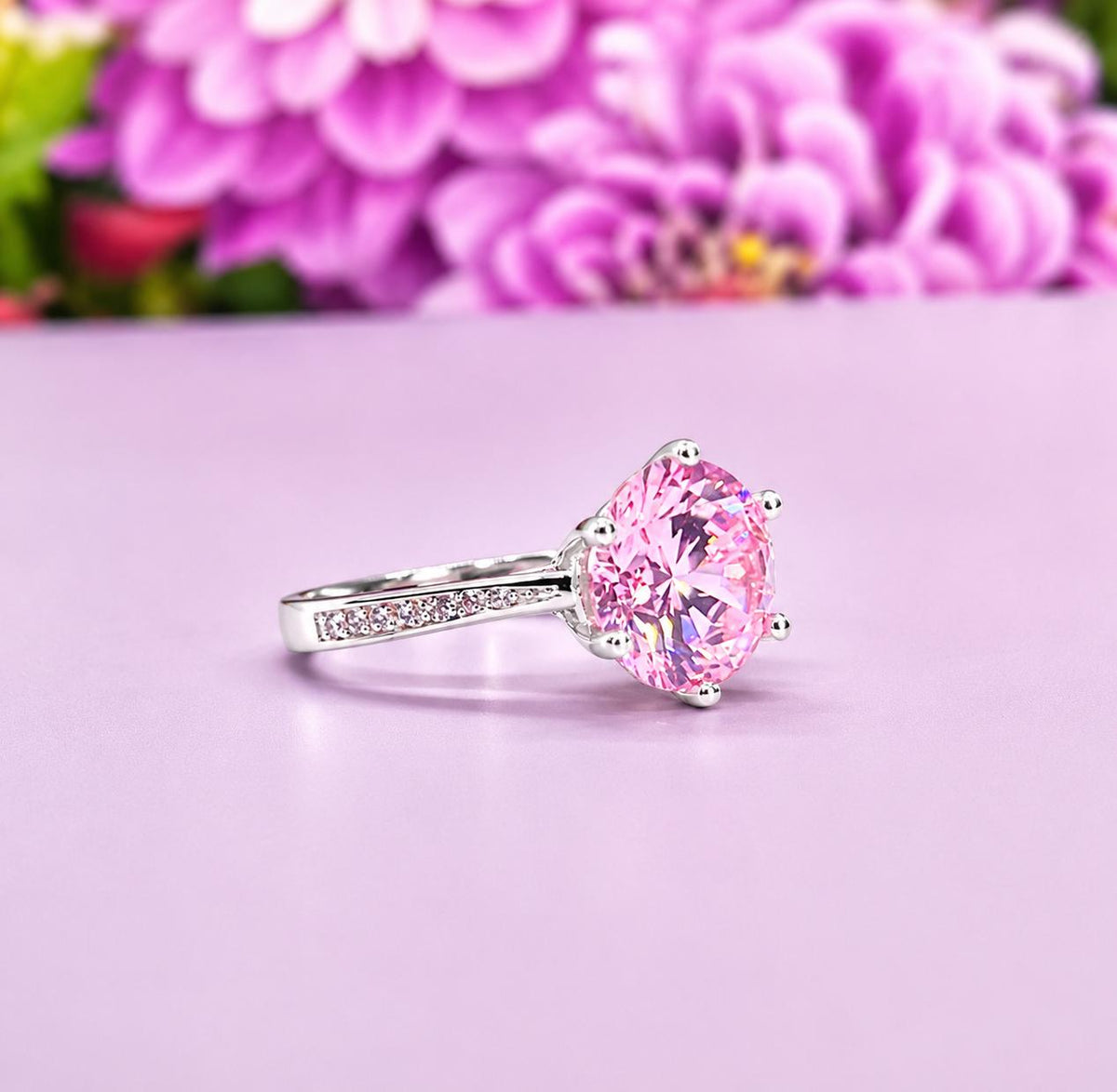 Round 3 CT Pink Moissanite Diamond Ring : 925 Sterling Silver