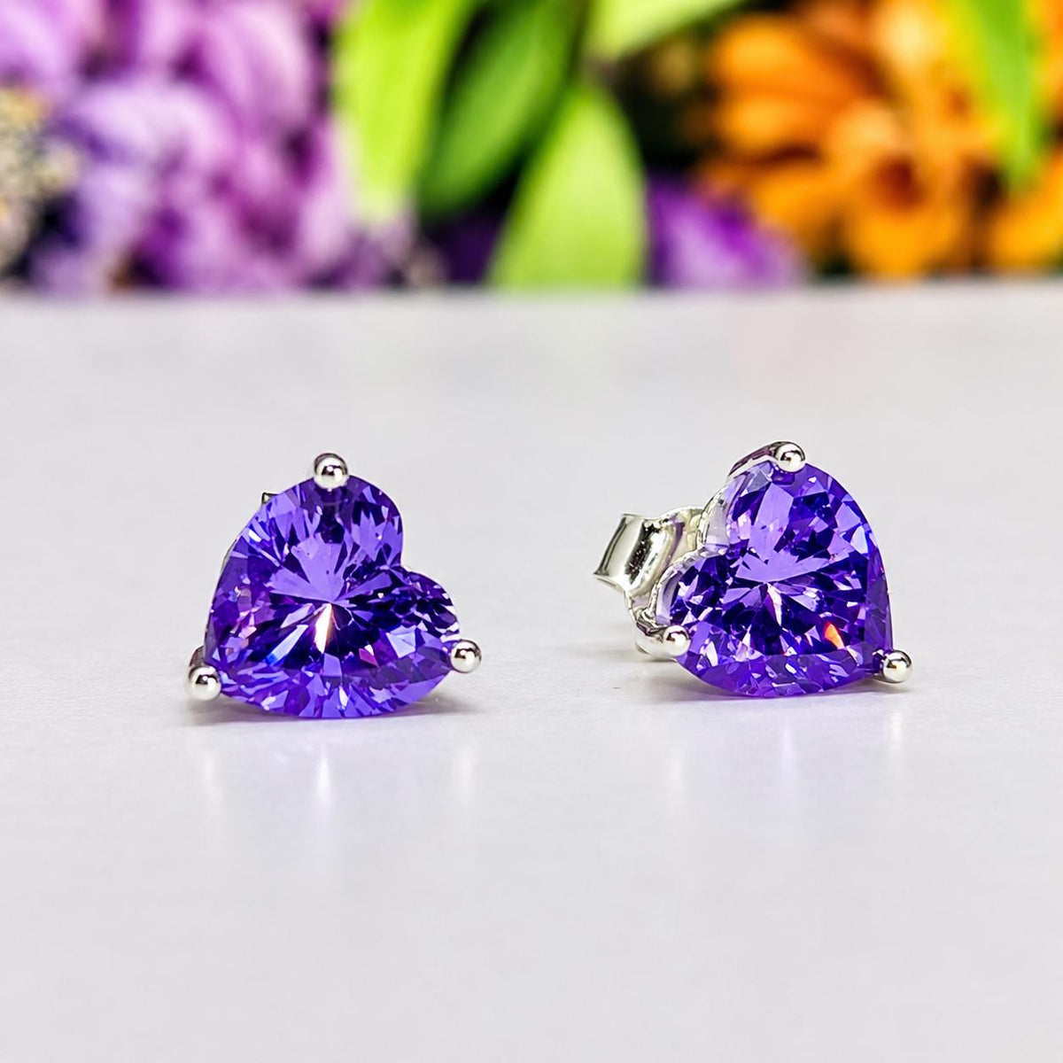 Heart Cut Purple Sapphire Stud Earrings: 925 Sterling Silver