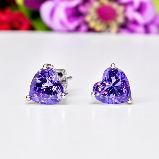 Heart Cut Purple Sapphire Stud Earrings: 925 Sterling Silver