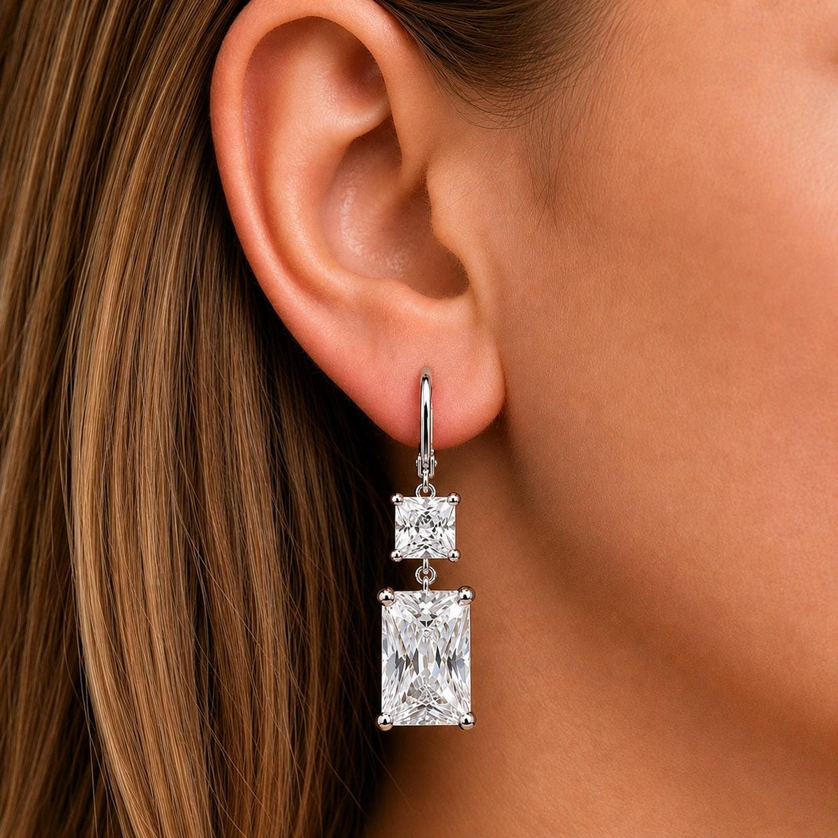 Emerald Cut Moissanite Dangle Earrings: 925 Sterling Silver Drop Earrings