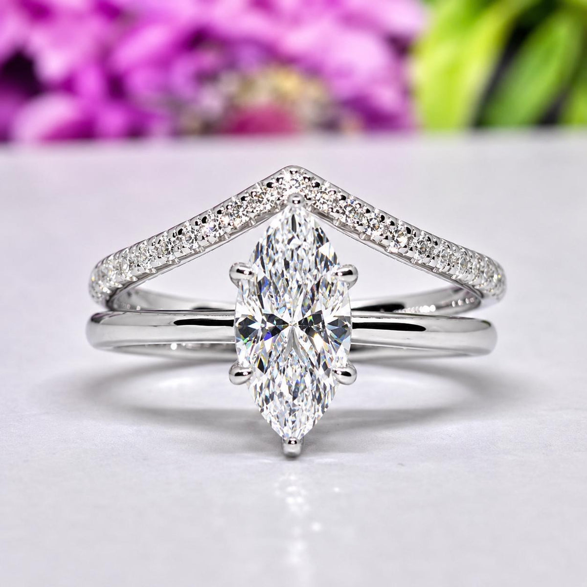 Marquise 1.5 Ct Moissanite Engagement Ring Set: 925 Sterling Silver