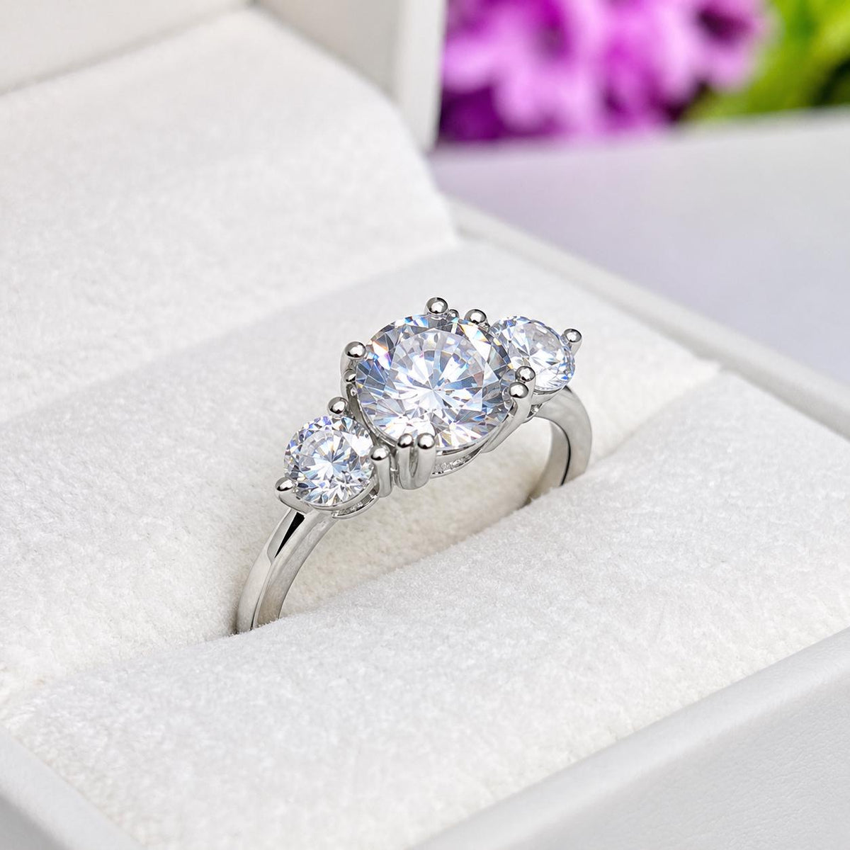 Three Stone 1.5 Carat Moissanite Engagement Ring: 925 Sterling Silver