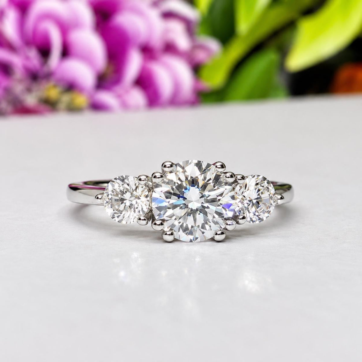 Three Stone 1.5 Carat Moissanite Engagement Ring: 925 Sterling Silver