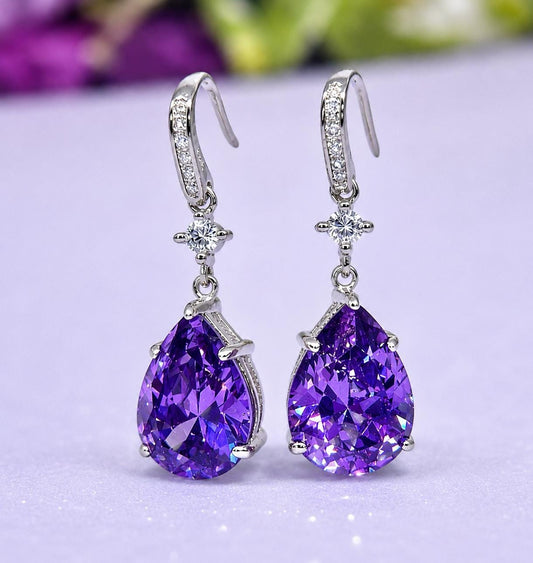 Purple Sapphire Earrings 4 Carat Dangle Drop : 925 Sterling Silver