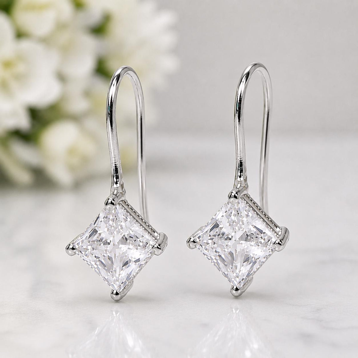 Princess Cut Moissanite Dangle Earrings : 925 Sterling Silver
