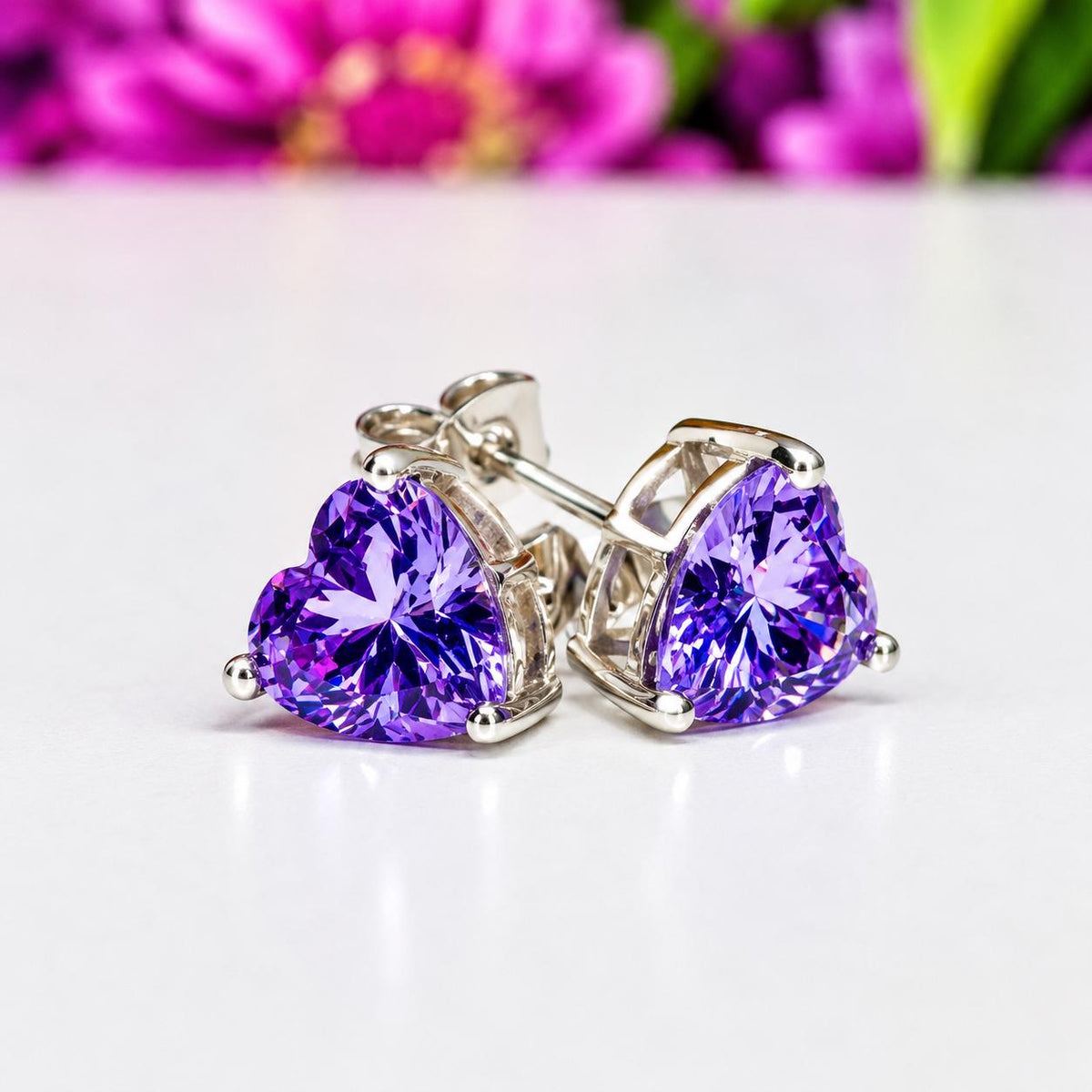 Heart Cut Purple Sapphire Stud Earrings: 925 Sterling Silver