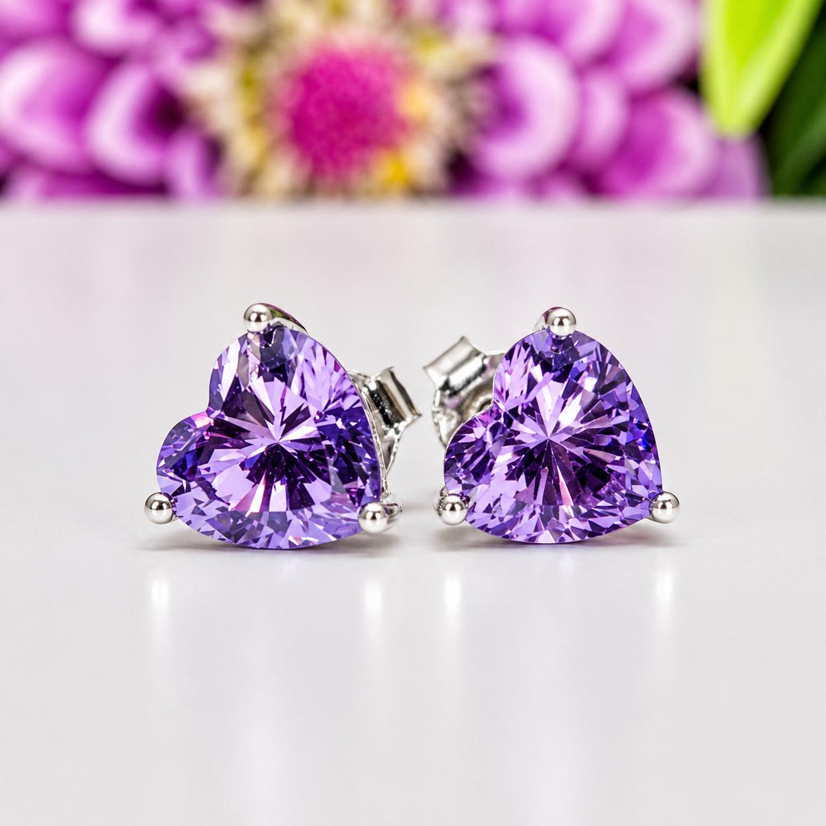Heart Cut Purple Sapphire Stud Earrings: 925 Sterling Silver