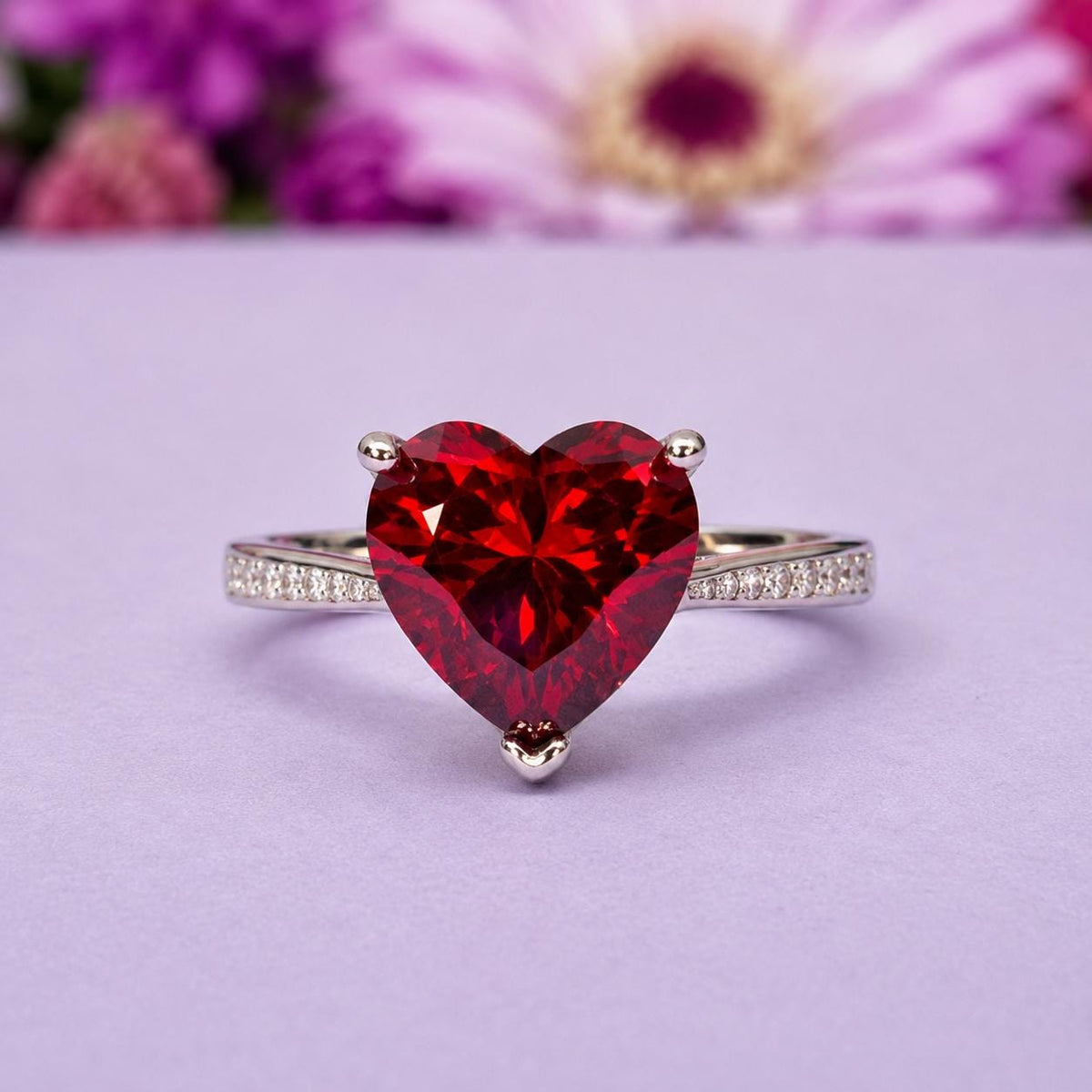 Heart Cut Ruby Red Moissanite Ring, 925 Sterling Silver