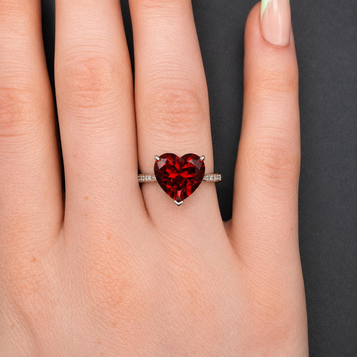 Heart Cut Ruby Red Moissanite Ring, 925 Sterling Silver