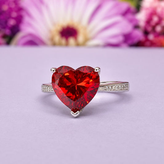 Heart Cut Ruby Red Moissanite Ring, 925 Sterling Silver