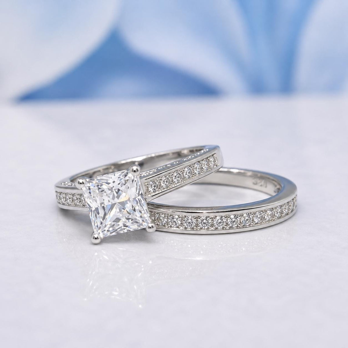Princess Cut 1.5 Carat VVS White Sapphire Engagement Ring Bridal Set
