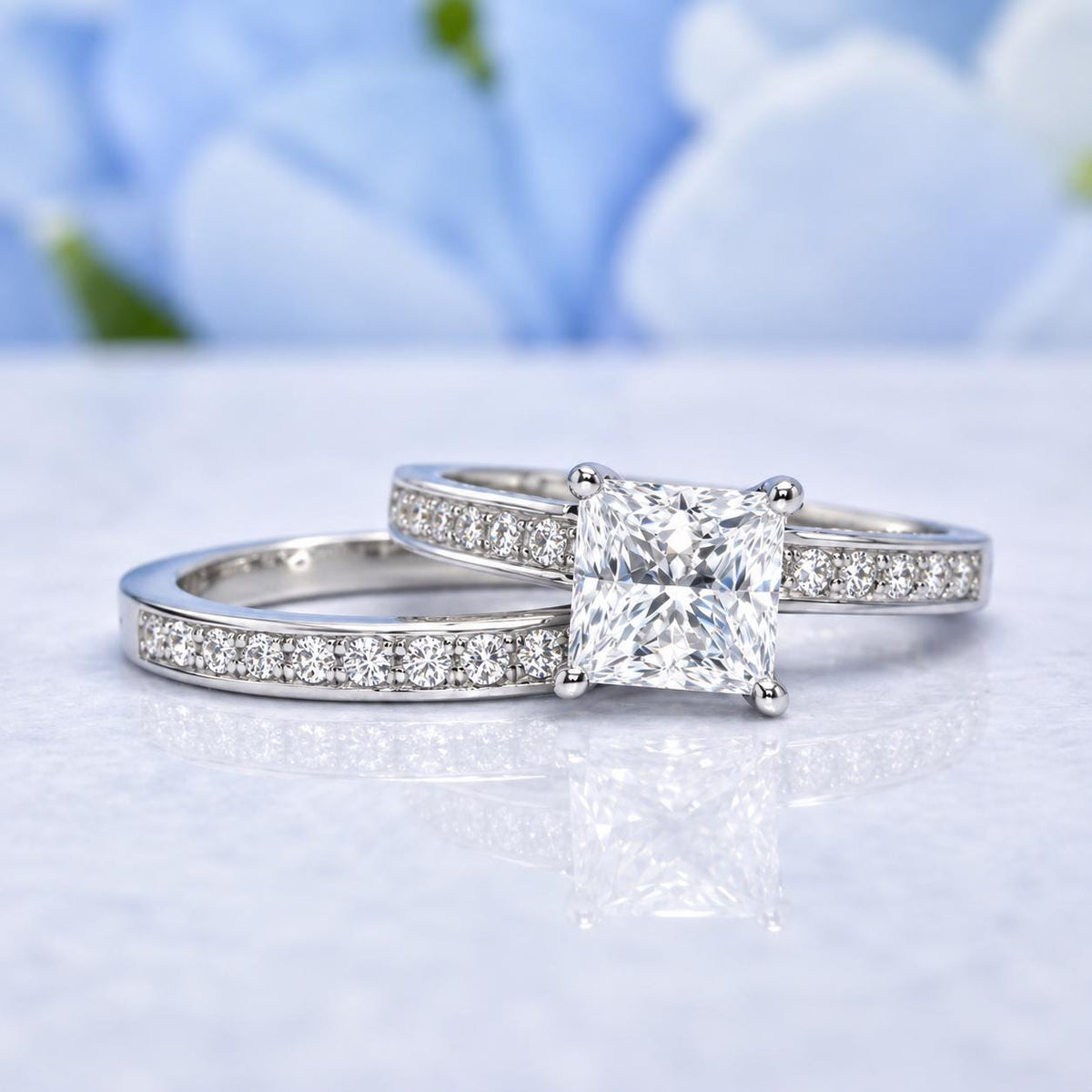 Princess Cut 1.5 Carat VVS White Sapphire Engagement Ring Bridal Set