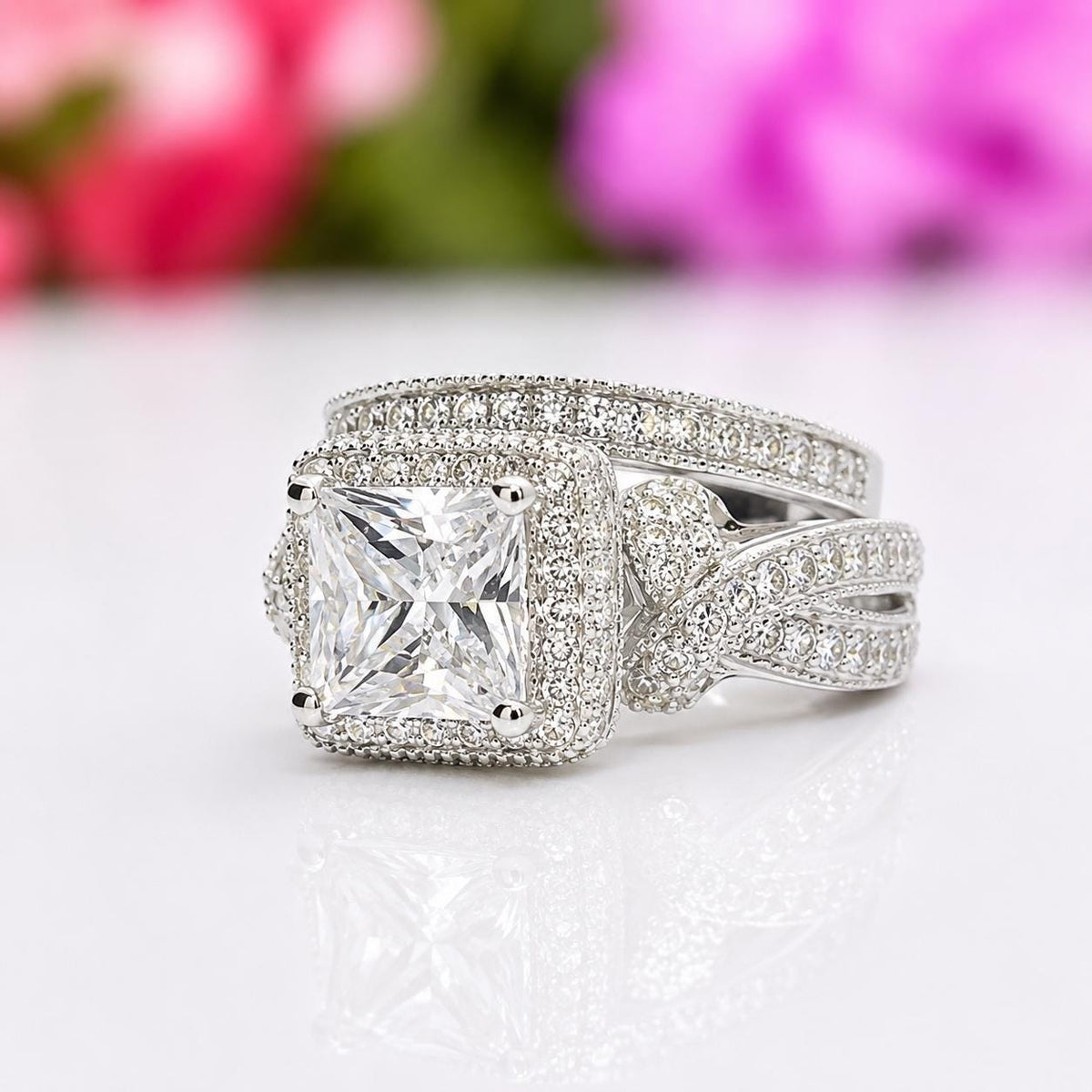 Princess Cut 1.5 Carat Moissanite Ring Set: Sterling Silver Engagement Wedding Anniversary