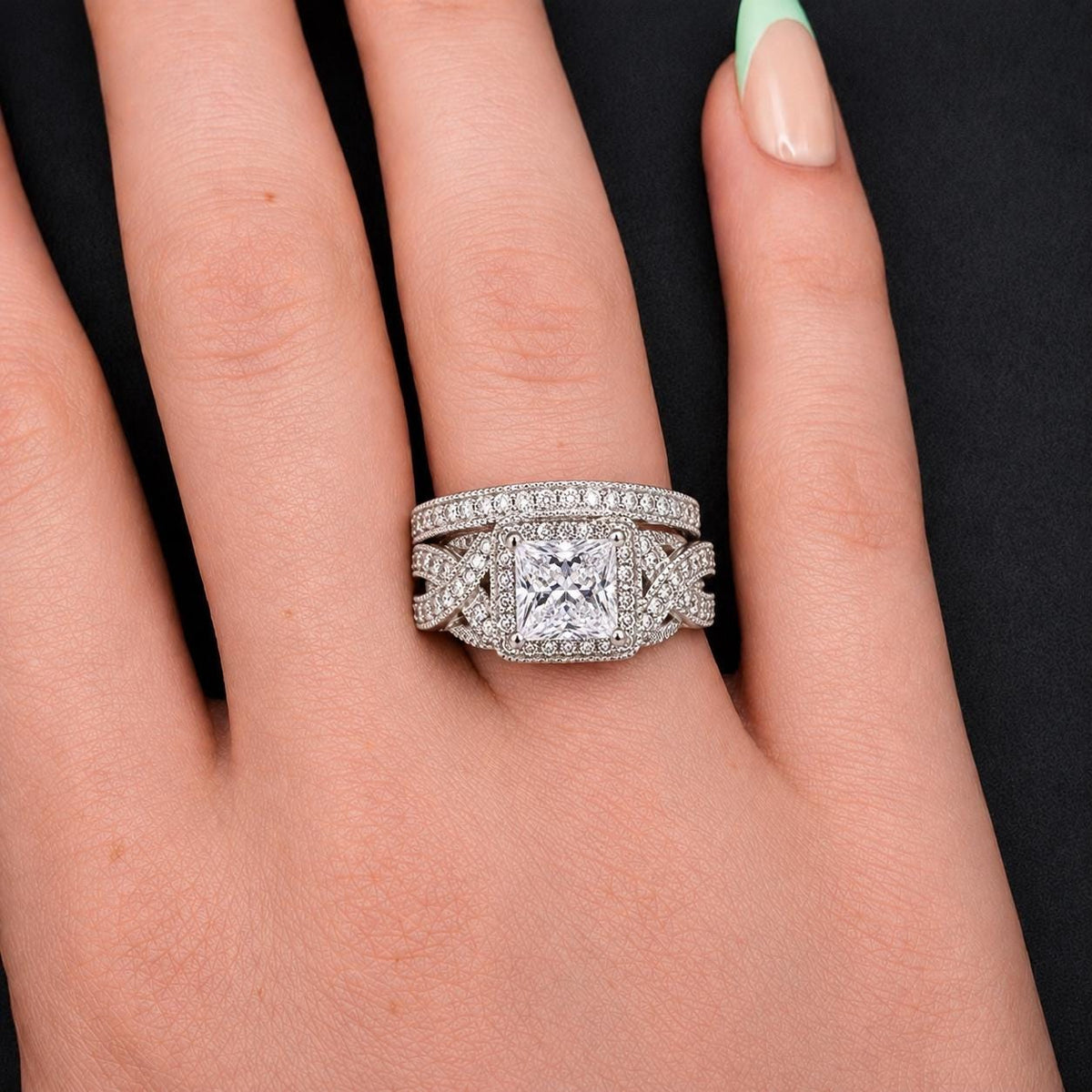Princess Cut 1.5 Carat Moissanite Ring Set: Sterling Silver Engagement Wedding Anniversary