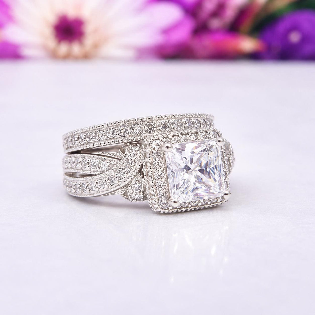Princess Cut 1.5 Carat Moissanite Ring Set: Sterling Silver Engagement Wedding Anniversary