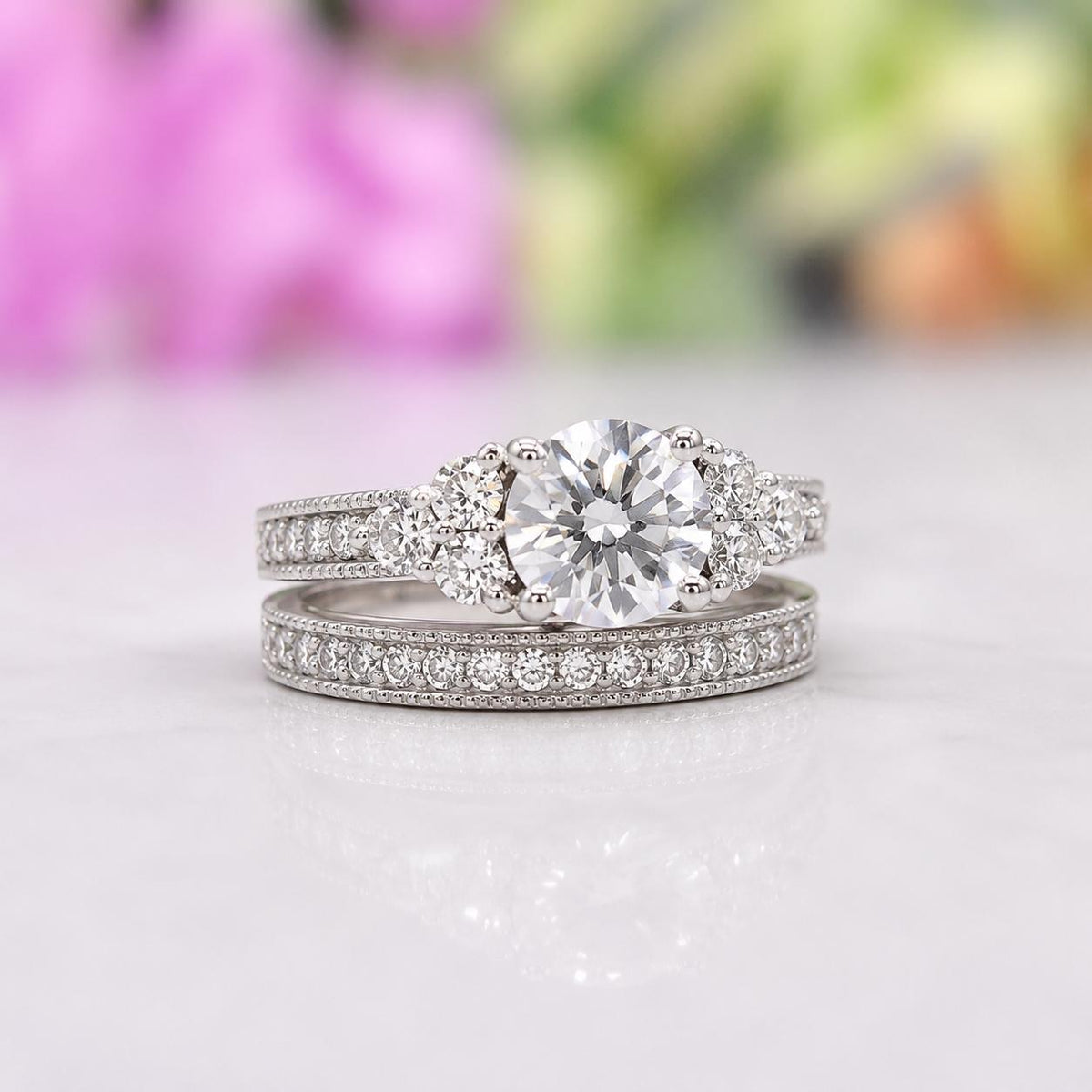 Vintage Style 1.25 Ct Moissanite Diamond 2-Pc Wedding Engagement Ring Set