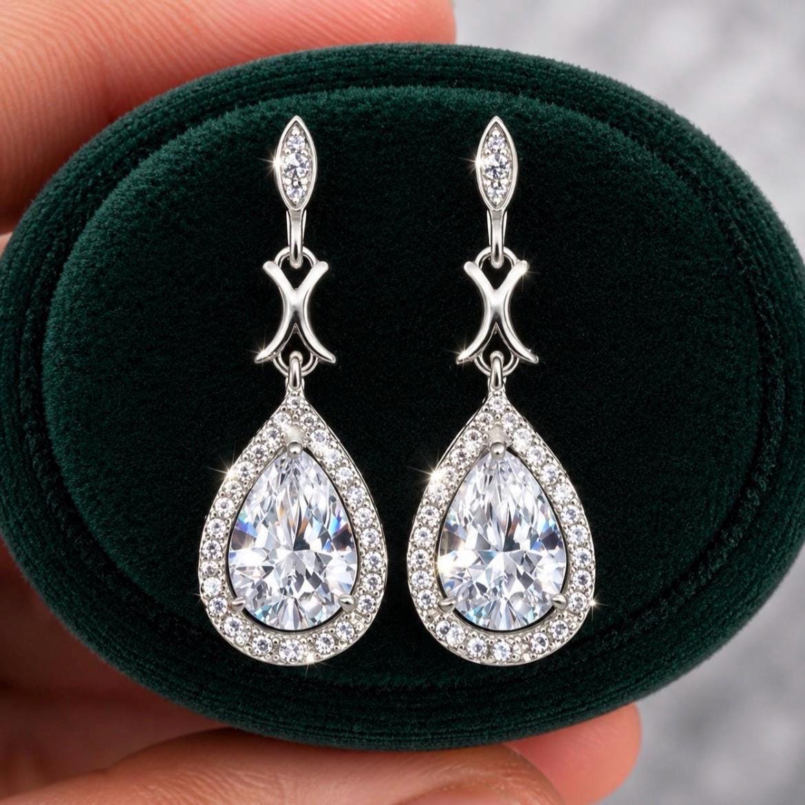 Pear Cut 2 Carat Moissanite Diamond Dangle Earrings: Vintage Sterling Silver