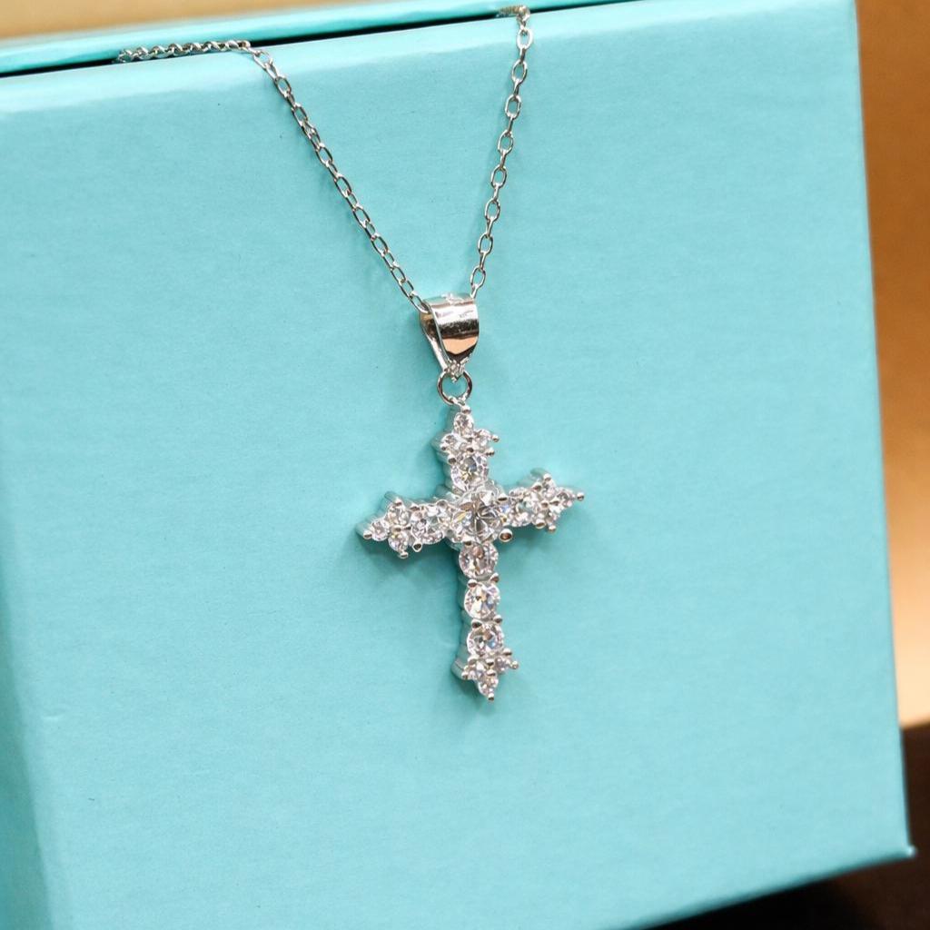 Moissanite Cross Pendant Necklace: 925 Sterling Silver
