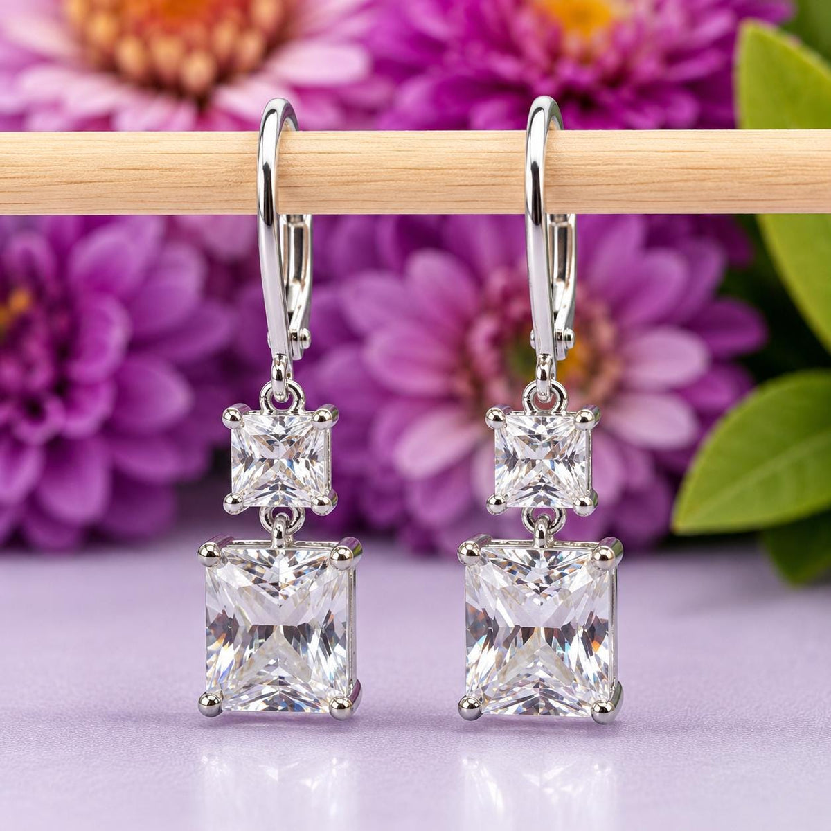 Emerald Cut Moissanite Dangle Earrings: 925 Sterling Silver Drop Earrings