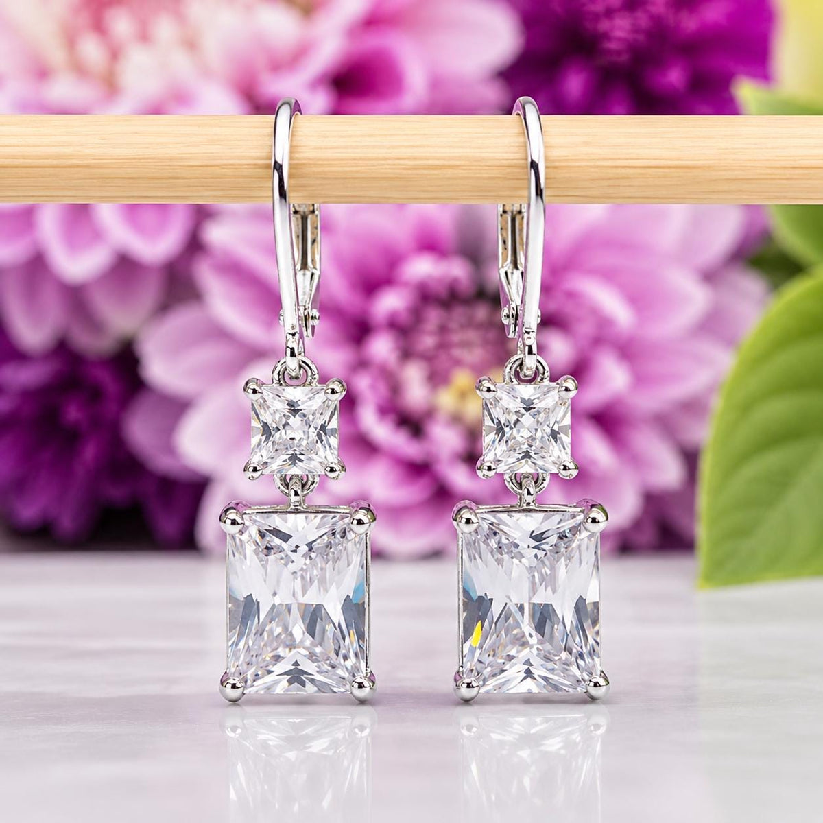 Emerald Cut Moissanite Dangle Earrings: 925 Sterling Silver Drop Earrings