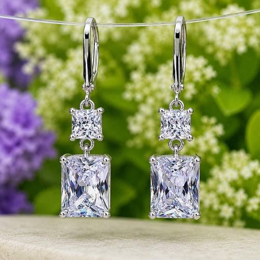 Emerald Cut Moissanite Dangle Earrings: 925 Sterling Silver Drop Earrings