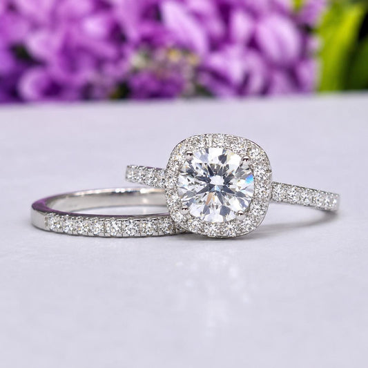 Cushion Cut 2 Carat Moissanite Engagement Ring Set: 925 Sterling Silver