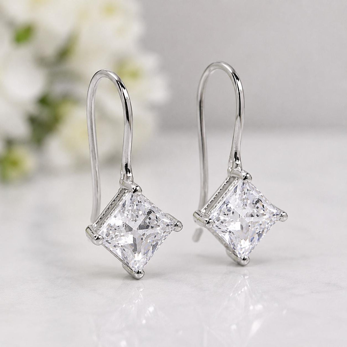 Princess Cut Moissanite Dangle Earrings : 925 Sterling Silver