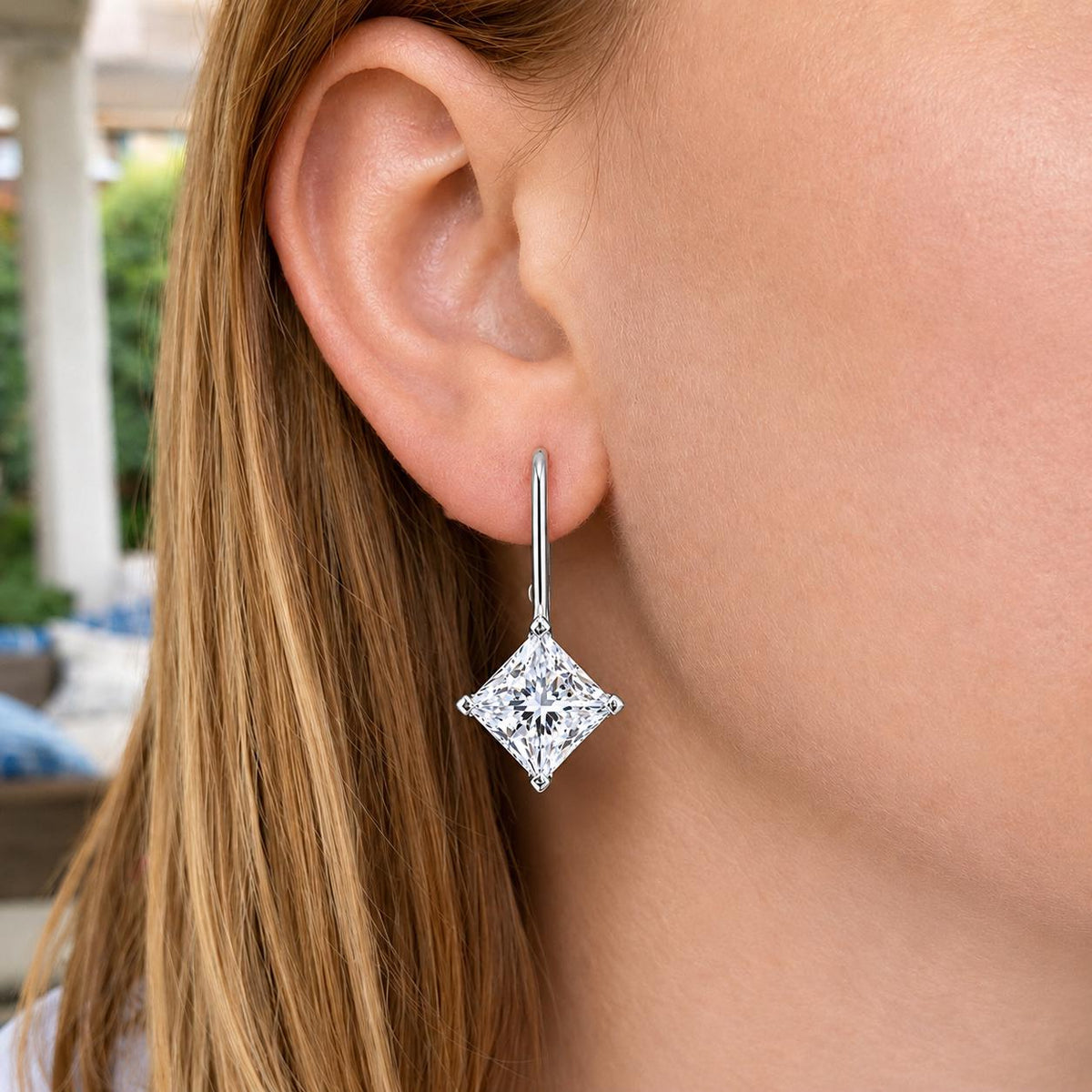 Princess Cut Moissanite Dangle Earrings : 925 Sterling Silver